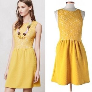 ✨Anthropologie - Maeve✨ Mustard Yellow Lace Vera Dress Pockets Keyhole Sz Small
